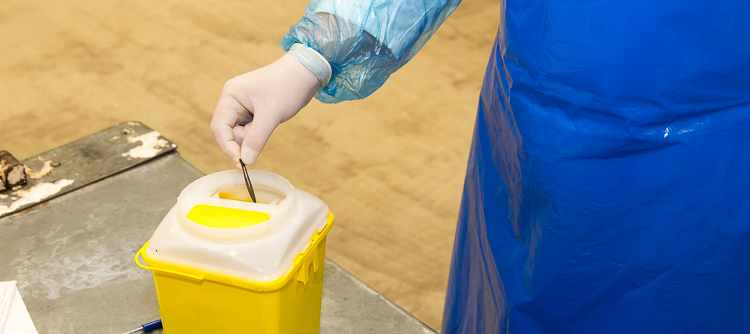 Dispose of scalpel blades in a container for needles