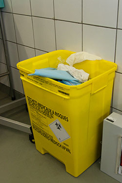 Poubelle jaune presque pleine dans la salle de radiographie animaux de compagnie.