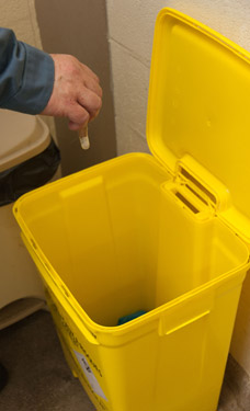 Dispose of contaminated waste in the yellow bins.