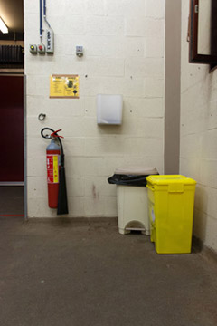 Trash cans in the x-ray room for large animals.