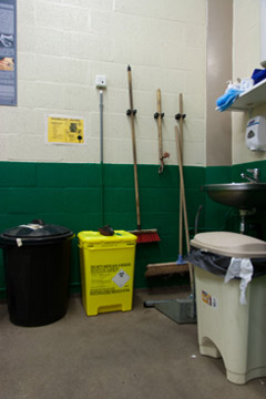 Trash cans in the ultrasound room for large animals