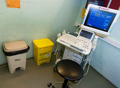 Trash cans in the ultrasound room for companion animals.