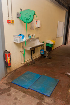 Foot baths at the entrance of the clinic