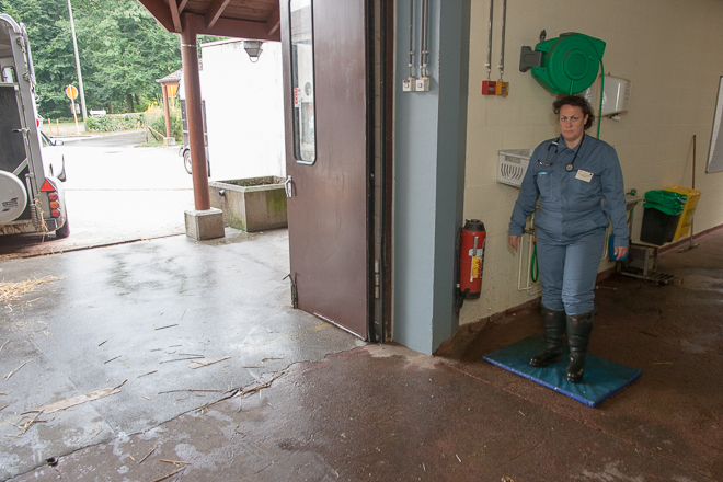 Walk through the foot bath upon leaving the clinic